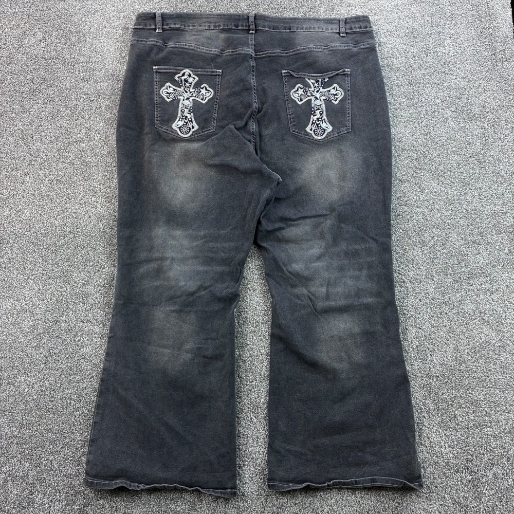 Y2K Iron Cross Jeans Women's Gray Denim Embroidered Flare Leg Y2K Grunge